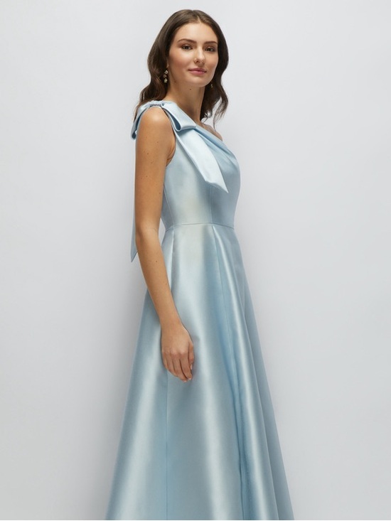ALFRED SUNG Dresses & Skirts - ALFRED SUNG Light Blue Satin Bow-Shoulder Maxi Gown Size 4